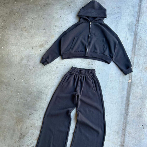 High Quality Custom Men's Heavyweight Cotton Blank Solid Boxy Cropped Zipper Hoodie and Jogger Sweat Pants Set for Men - 图片 2