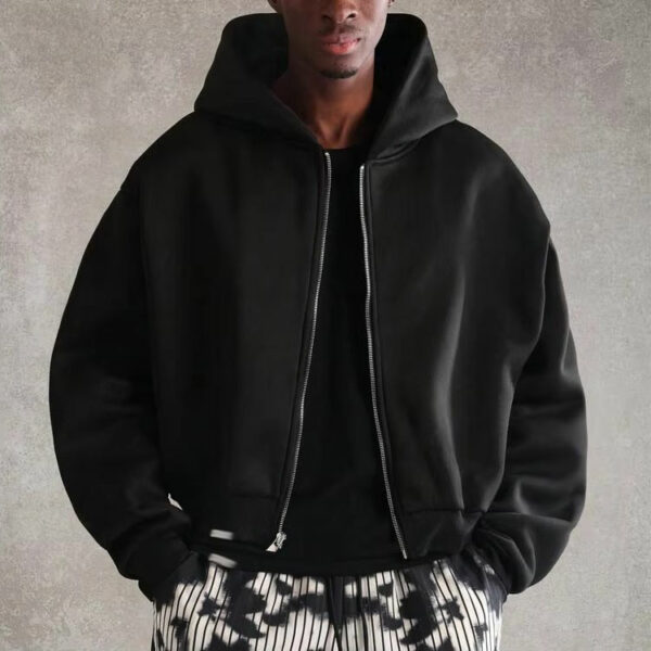 Custom Logo Men's Cropped Hoodie Zip Boxy Oversized Plain Blank Sweatshirt Embroidered 100% Cotton Drop Zipper Hoodie