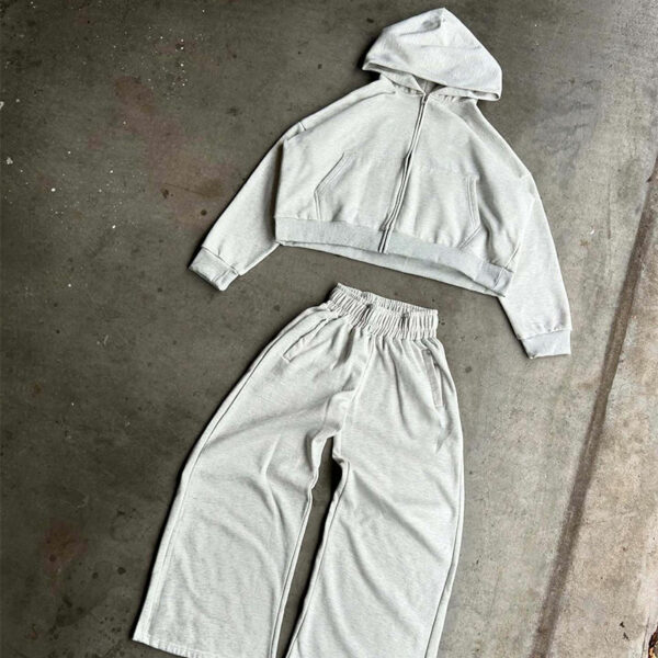 High Quality Custom Men's Heavyweight Cotton Blank Solid Boxy Cropped Zipper Hoodie and Jogger Sweat Pants Set for Men - 图片 3