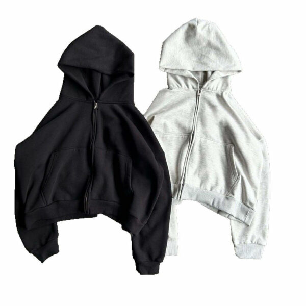 High Quality Custom Men's Heavyweight Cotton Blank Solid Boxy Cropped Zipper Hoodie and Jogger Sweat Pants Set for Men