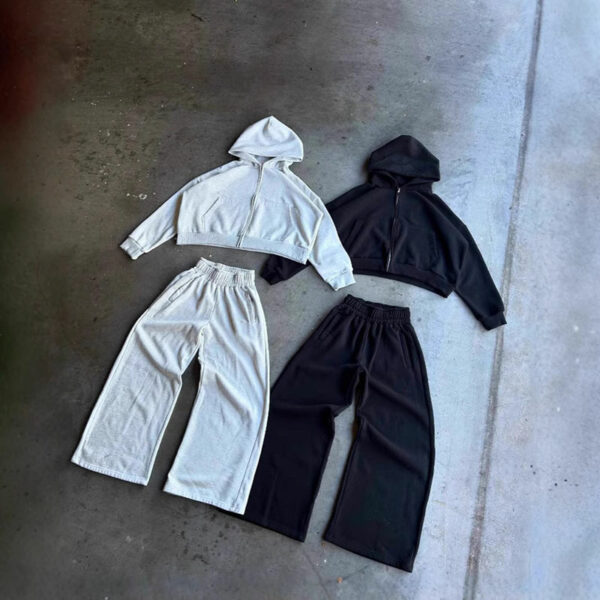 High Quality Custom Men's Heavyweight Cotton Blank Solid Boxy Cropped Zipper Hoodie and Jogger Sweat Pants Set for Men - 图片 4