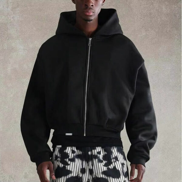 Custom Logo Men's Cropped Hoodie Zip Boxy Oversized Plain Blank Sweatshirt Embroidered 100% Cotton Drop Zipper Hoodie - 图片 4