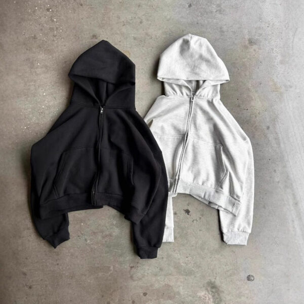 High Quality Custom Men's Heavyweight Cotton Blank Solid Boxy Cropped Zipper Hoodie and Jogger Sweat Pants Set for Men - 图片 5