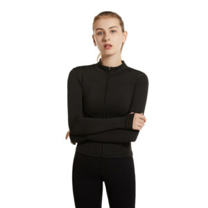 Slim Fit Collar Workout Sport Coat Women Half Zipper Nylon Jogger Fitness Jacket With Thumb Holes Quick Drying Sport Yoga Tops