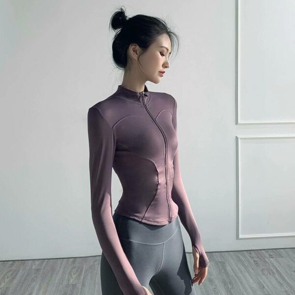 Slim Fit Collar Workout Sport Coat Women Half Zipper Nylon Jogger Fitness Jacket With Thumb Holes Quick Drying Sport Yoga Tops - 图片 3